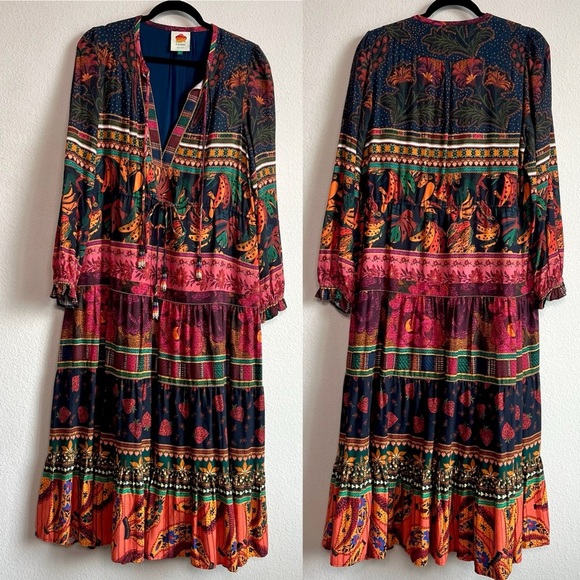 FARM Rio Mixed Patchwork Midi Dress Long Sleeve Tie Neck Size Small - Picture 1 of 10